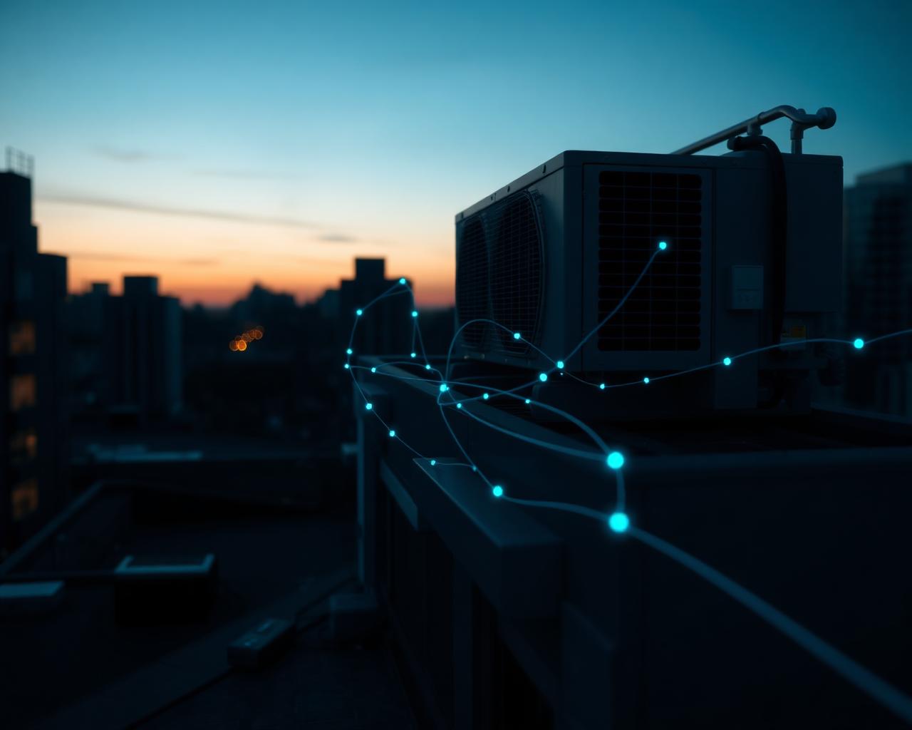 HVAC technician servicing a rooftop unit with AI overlay